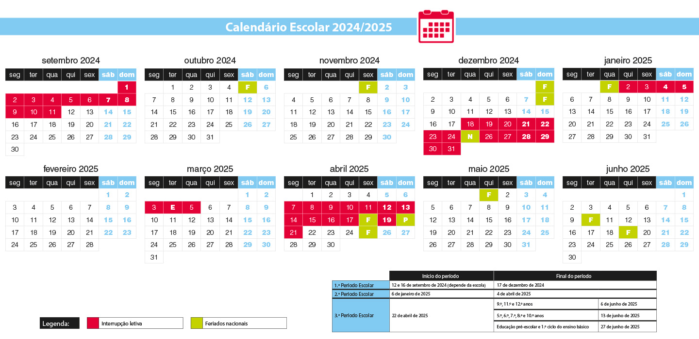 Calendário escolar 2024 a 2025 2